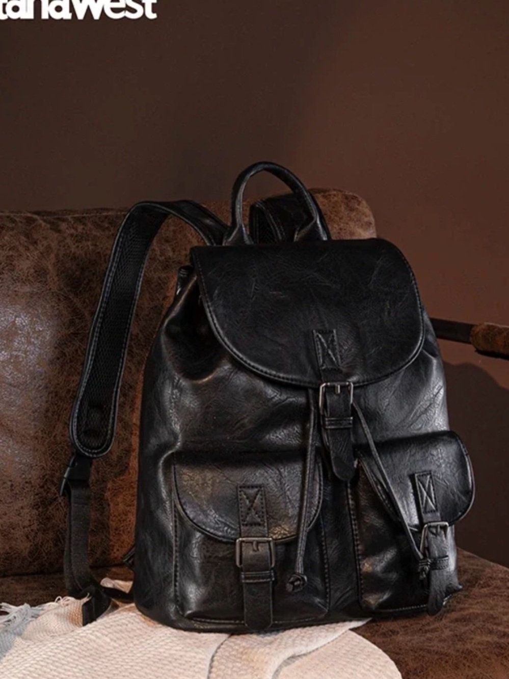 Classic Black Leather Backpack - Unbranded